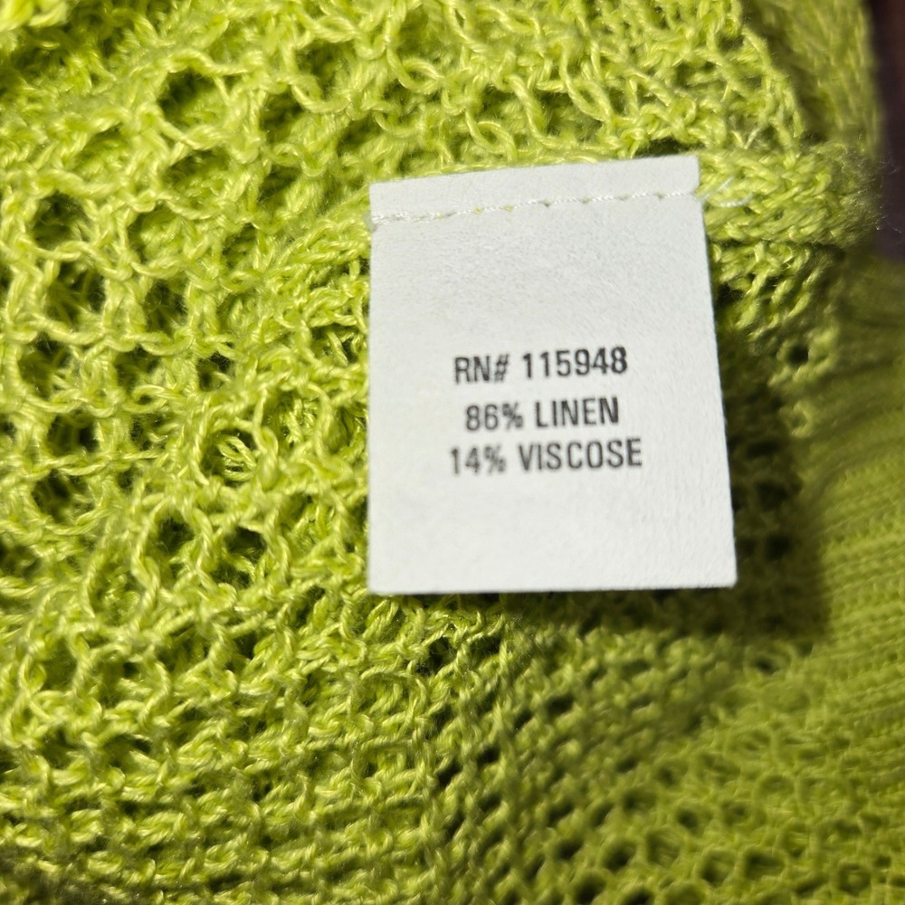 Joan Vass Lime Green Linen Blend Open Knit Poncho Sweater V-Neck One Size Womens - Picture 3 of 4